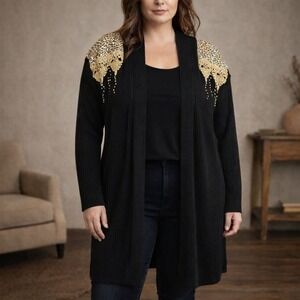 Vintage Black‎ Cardigan Boho Western Glam Embellished Gold Studded Sweater